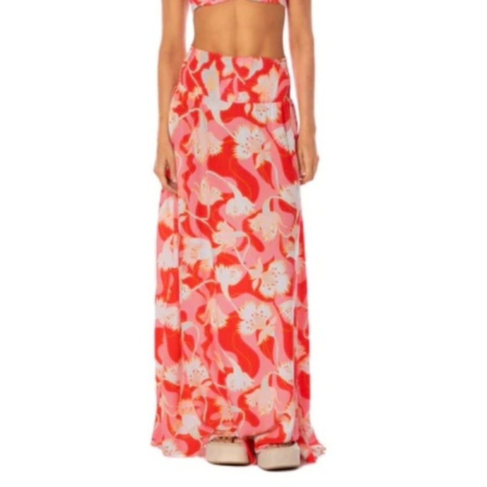 Maaji - Floral Rush Aubrey Long Skirt -‎ Pink/Red Smocked Waist - Size Small